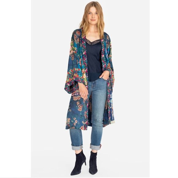 Johnny Was Hazel Kimono Long Silk Extra Large Blue Navy Embroidered Flowers New